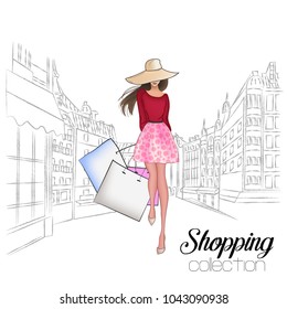 Beautiful fashion model in hat. Stylish cute girl in fashion clothes. Sketch. Fashion woman, fashion banner with text template, online shopping social media ads with beautiful girl. Vector illustration