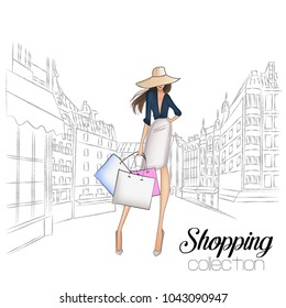 Beautiful fashion model in hat. Stylish cute girl in fashion clothes. Sketch. Fashion woman, fashion banner with text template, online shopping social media ads with beautiful girl. Vector illustration