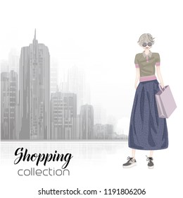 Beautiful fashion model in hat. Stylish cute girl in fashion clothes. Sketch. Fashion woman, fashion banner with text template, online shopping social media ads with beautiful girl. Vector illustratio