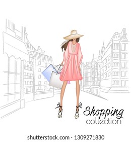 Beautiful fashion model in hat. Stylish cute girl in fashion clothes. Sketch. Fashion woman, fashion banner with text template, online shopping social media ads with beautiful girl. Vector illustratio