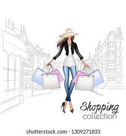 Beautiful fashion model in hat. Stylish cute girl in fashion clothes. Sketch. Fashion woman, fashion banner with text template, online shopping social media ads with beautiful girl. Vector illustratio