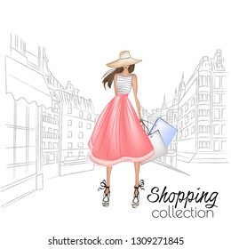 Beautiful fashion model in hat. Stylish cute girl in fashion clothes. Sketch. Fashion woman, fashion banner with text template, online shopping social media ads with beautiful girl. Vector illustratio