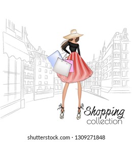 Beautiful fashion model in hat. Stylish cute girl in fashion clothes. Sketch. Fashion woman, fashion banner with text template, online shopping social media ads with beautiful girl. Vector illustratio - Shutterstock ID 1309271848