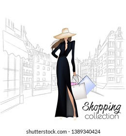 Beautiful fashion model in hat. Stylish cute girl in fashion clothes. Sketch. Fashion woman, fashion banner with text template, online shopping social media ads with beautiful girl. Vector illustratio