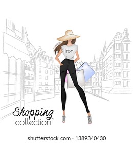 Beautiful fashion model in hat. Stylish cute girl in fashion clothes. Sketch. Fashion woman, fashion banner with text template, online shopping social media ads with beautiful girl. Vector illustratio