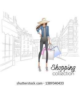 Beautiful fashion model in hat. Stylish cute girl in fashion clothes. Sketch. Fashion woman, fashion banner with text template, online shopping social media ads with beautiful girl. Vector illustratio