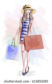 Beautiful fashion model in hat. Stylish cute girl in fashion clothes. Sketch. Vector illustration.