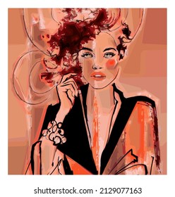 Beautiful fashion model posing with hat - vector illustration (Ideal for printing on fabric or paper, poster or wallpaper, house decoration) 