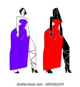 Beautiful fashion models in a fancy, luxury long dress. Elegant women posing on high heels. Stylized modern flat, minimalistic characters set. Stock vector illustration.