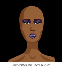 Beautiful fashion portrait of Black Bald Woman isolated on black background. Baldheaded female portraiture. Vector illustration. Beauty baldy lady.