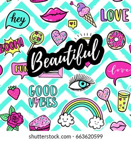 Beautiful fashion poster. Hand drawn fashion pink color patches: rainbow, cake, lollipop, Good vibes, lips, love seamless pattern. Vector pop art sticker, patches pin 80s-90s style.