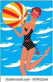 Beautiful fashion retro style young woman wearing polka dot swimming suit with hanging cancer icon jumping and playing with a big ball at the seaside. Sea waves at the background. Vector illustration