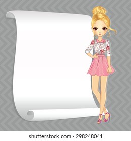 Beautiful fashion romantic girl with white banner for your text 