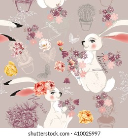 Beautiful fashion seamless vector background with hand drawn rabbits or hare in retro style for design
