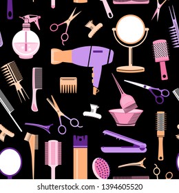 Beautiful fashion seamless wallpaper with scissors, hairbrush, hairdryer, mirror, hair straightener, styling professional barbershop tools. Bright flat elements on black background.