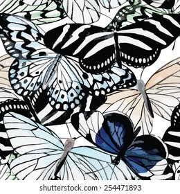 Beautiful fashion tropic insect butterfly hand drawn watercolor. Print jungle animal in black and white style on a white background. Seamless vector floral pattern