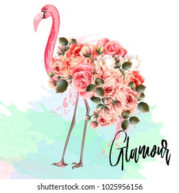 Beautiful fashion vector illustration with pink flamingo and roses. Glamour