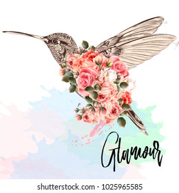 Beautiful fashion vector illustration with pink hummingbird and roses. Glamour