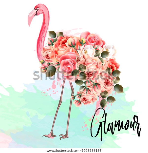 ピンクのフラミンゴとバラを使った美しいファッションベクターイラスト グラマー のベクター画像素材 ロイヤリティフリー