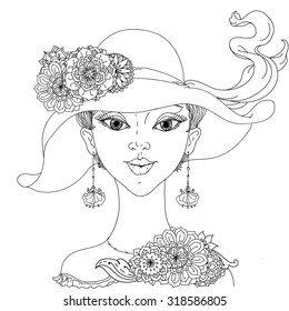 Beautiful fashion  woman with abstract hair and 70s style hat with floral design elements , could be used  for coloring book.  Black and white in zentangle style.