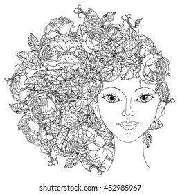 Beautiful fashion woman with abstract hair as flowers bouquet in shape of mandala for adult coloring book or for zen drawing. Hand-drawn, vector, outline detailed for coloring book, poster design