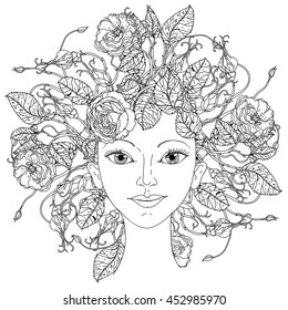 Beautiful fashion woman with abstract hair as flowers bouquet in shape of mandala for adult coloring book or for zen drawing. Hand-drawn, vector, outline detailed for coloring book, poster design