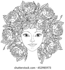 Beautiful fashion woman with abstract hair as flowers bouquet in shape of mandala for adult coloring book or for zen drawing. Hand-drawn, vector, outline detailed for coloring book, poster design
