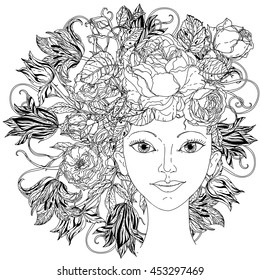 Beautiful fashion woman with abstract hair as flowers bouquet in shape of mandala for adult coloring book or for zen drawing. Hand-drawn vector outline detailed, poster design