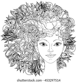 Beautiful fashion woman with abstract hair as flowers bouquet in shape of mandala for adult coloring book or for zen drawing. Hand-drawn, vector, outline detailed for coloring book, poster design