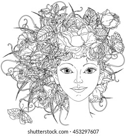 Beautiful fashion woman with abstract hair as flowers bouquet in shape of mandala for adult coloring book or for zen drawing. Hand-drawn, vector, outline detailed for coloring book, poster design