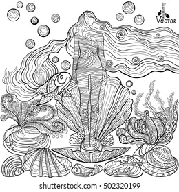 Beautiful fashion woman with abstract hair and marine design elements could be used for coloring book. Black and white zentangle style sea, fish and shells fantasy. Vector illustration.