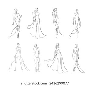 Beautiful fashion woman abstract silhouette, continuous line drawing, girl in long dress, single line on a white background, isolated vector illustration. Tattoo, print and logo design, beauty salon.