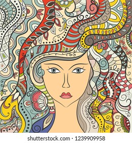Beautiful fashion woman, autumn girl with abstract long hair. Hand drawn face. Zen-doodle art, tattoo design, colorful illustration. Freehand sketch drawing for adult anti stress coloring book page