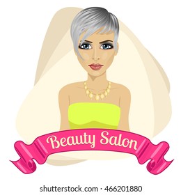 beautiful fashion woman behind ribbon with beauty salon text