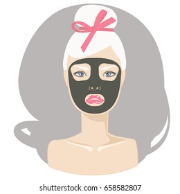 Beautiful fashion woman with black cleanser facial cosmetic mask. Vector illustration.