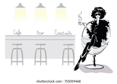 Beautiful fashion woman in a cafe, modern design, hand drawn