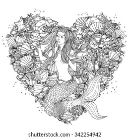 Beautiful fashion woman with elements of seashells, starfish, seaweed in the image of a mermaid on heart shape background, could be used  for coloring book.  Black and white in zentangle style.