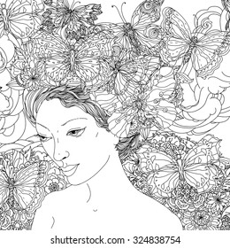 Beautiful fashion woman face with abstract hair  with butterfly in the image of a elfin and floral design elements could be used  for coloring book.  Black and white in zentangle style.