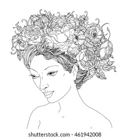 Beautiful fashion woman face with abstract hair of floral elements. for adult coloring book or art therapy style zen drawing. Hand-drawn, stylish doodle in tatto style, for fabric design in vector.