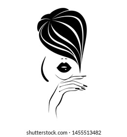 Beautiful fashion woman face with black lips, lush eyelashes, hand with black manicure nails, short black hairstyle. Beauty Logo. Vector illustration