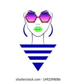 Beautiful fashion woman face with neon green lips, lush eyelashes, modern sunglasses with leopard print. Beauty Logo. Vector illustration