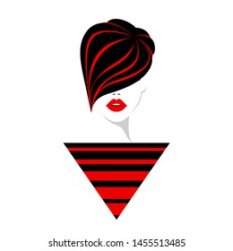 Beautiful fashion woman face with red lips, lush eyelashes, short black hairdresser with red strands of hair, abstract dress with red and black stripes. Beauty Logo. Vector illustration.