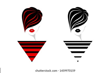 Beautiful fashion woman face with red and black lips, lush eyelashes, short black hairdresser with red strands of hair, abstract dress with white red black stripes. Beauty Logo. Vector illustration