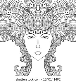 Beautiful fashion woman, fantasy girl with abstract long hair. Hand drawn face. Zen-doodle art, tattoo design, monochrome illustration. Freehand sketch drawing for adult anti stress coloring book page