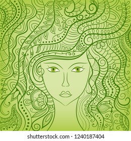 Beautiful fashion woman, fantasy girl with abstract long hair. Zen-doodle art, tattoo design. Freehand sketch drawing. Green spring summer girl face. Hand drawn vector illustration