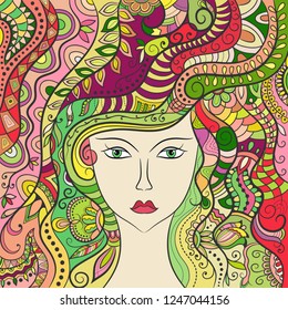 Beautiful fashion woman, fantasy girl with abstract long hair. Hand drawn face. Zen-doodle art, tattoo design, colorful illustration. Freehand sketch drawing for adult anti stress coloring book page