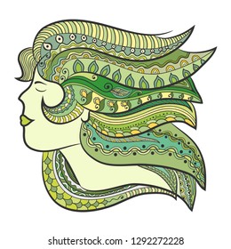Beautiful fashion woman, fantasy girl with abstract long hair. Hand drawn face. Zen-doodle art, tattoo design, colorful illustration. Freehand sketch drawing for adult anti stress coloring book page