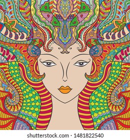 Beautiful fashion woman, fantasy girl with abstract long hair. Hand drawn face. Zen-doodle art, tattoo design, colorful illustration. Freehand sketch drawing for adult anti stress coloring book page