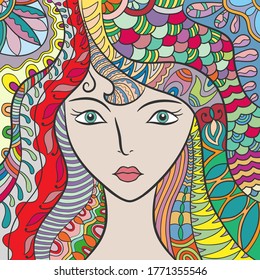 Beautiful fashion woman, fantasy girl with abstract long hair. Hand drawn face. Zen-doodle art, tattoo design, colorful illustration. Freehand sketch drawing for adult anti stress coloring book page