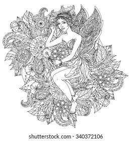 Beautiful fashion woman with  flowers  in the image of a fairy or elf , could be used  for coloring book.  Black and white in zentangle style.
